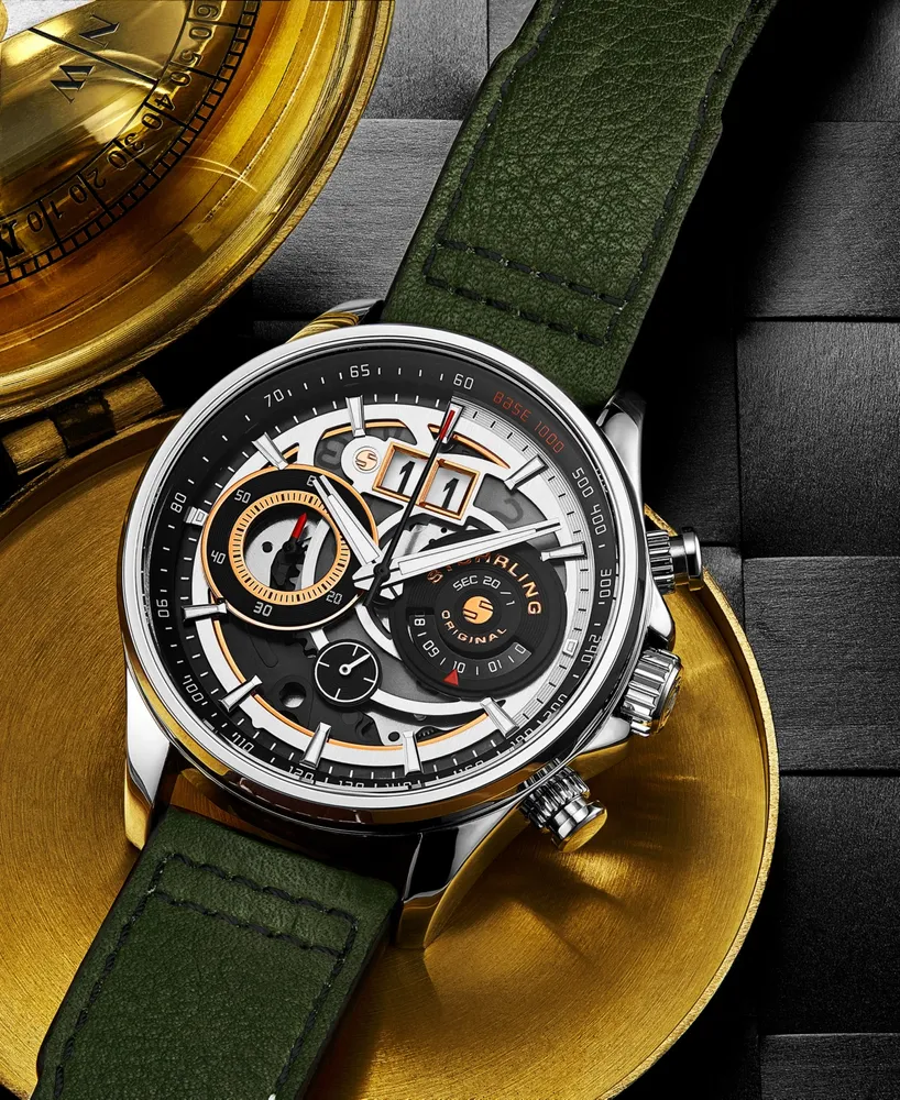 Men's Quartz Green Genuine Leather Strap Watch 45mm