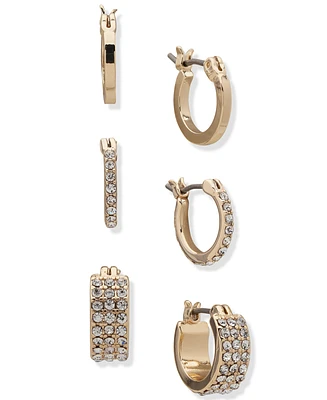 Dkny Gold-Tone 3-Pc. Set Extra-Small Pave Hoop Earrings, 0.48"