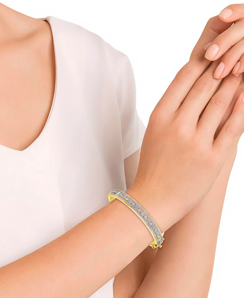 Diamond Accent Greek Key Bangle Bracelet Silver Plated Brass