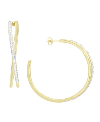 and Now This Criss Cross Clear Crystal C Hoop Earring, Gold Plate Silver