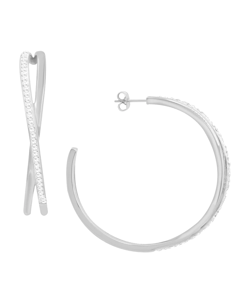 and Now This Criss Cross Clear Crystal C Hoop Earring, Gold Plate Silver