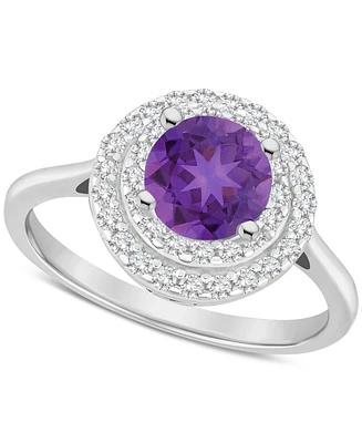 Rhodolite Garnet (1-5/8 ct. t.w.) & White Topaz (3/8 Double Halo Ring Sterling Silver (Also Citrine, Peridot, Amethyst, Blue Topaz)