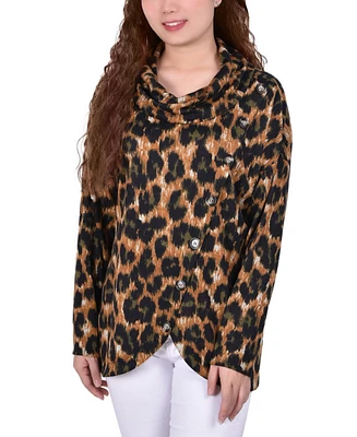 Petite Long Sleeve Knit Cowl Neck Top with Crossover Styling