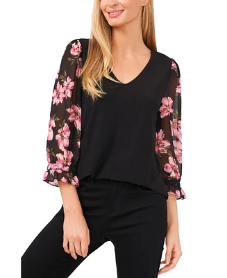 CeCe Women's 3/4-Floral Sleeve V-Neck Blouse