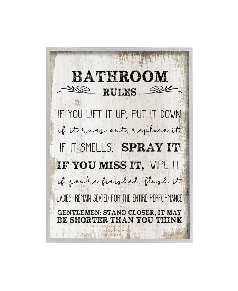 Stupell Industries Bathroom Rules Funny Word Wood Textured Design Gray Farmhouse Rustic Framed Giclee Texturized Art, 11" x 14"