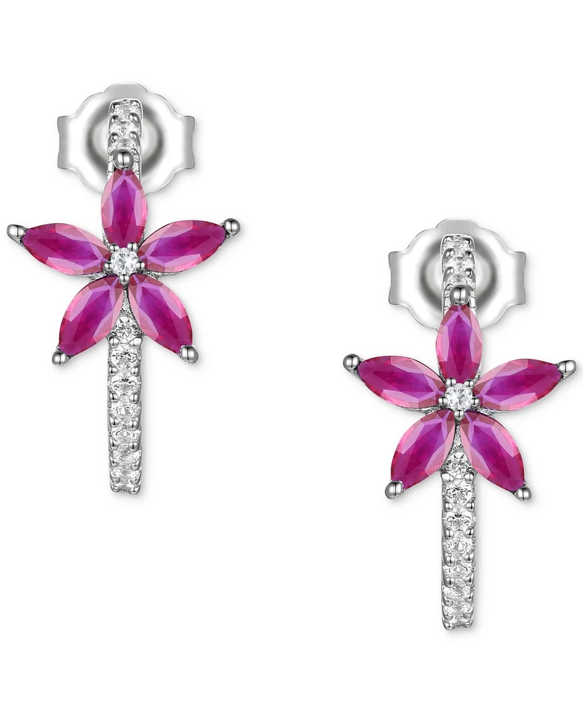 Sapphire (1-1/10ct. t.w.) & Diamond (1/8 ct. t.w.) Flower Half Hoop Earrings in Sterling Silver (Also in Emerald & Ruby)