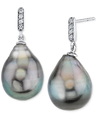 Cultured Tahitian Baroque Pearl (11mm) & Diamond Accent Drop Earrings in White Gold