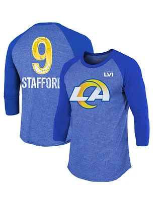 Men's Majestic Threads Matthew Stafford Royal Los Angeles Rams Super Bowl Lvi Name Number Raglan 3/4 Sleeve T-shirt
