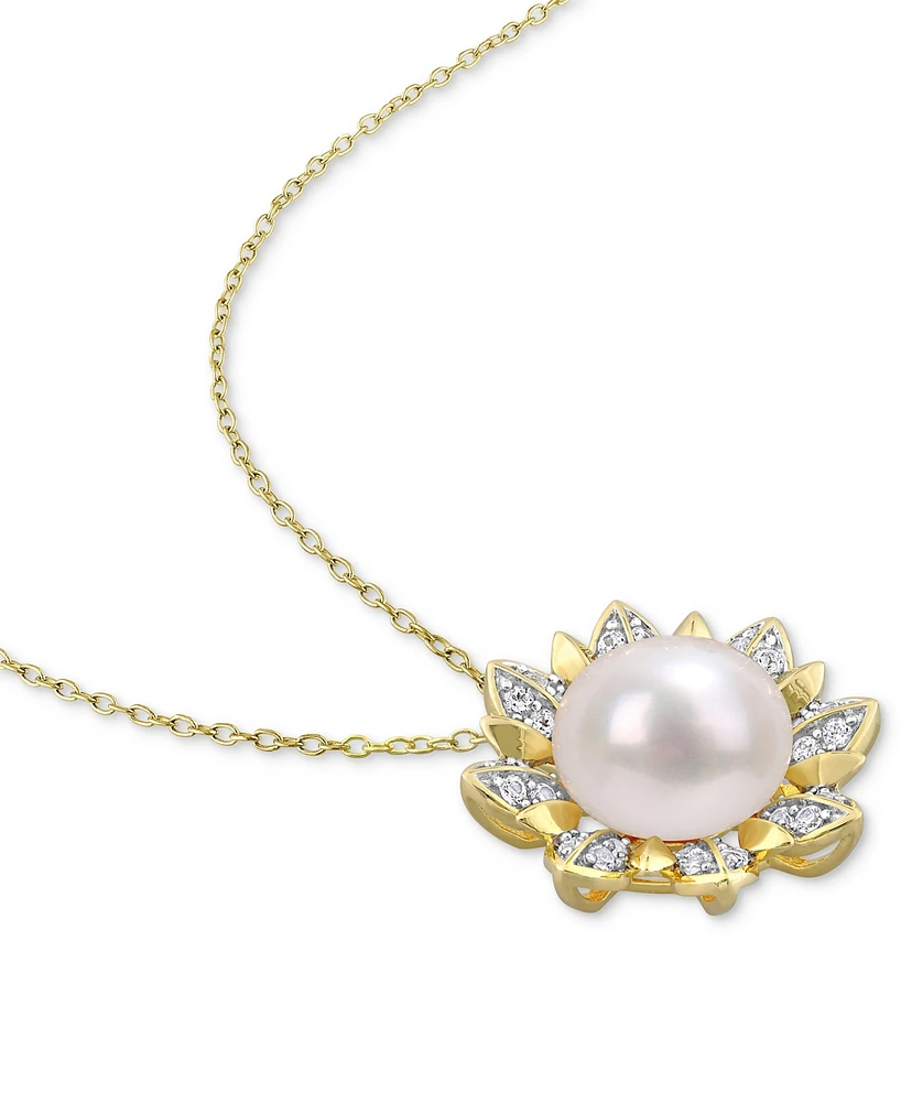 Cultured Freshwater Pearl (8-1/2mm) & White Topaz (1 ct. t.w.) Flower 18" Pendant Necklace in Gold-Tone Plated Sterling Silver