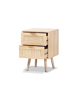 Baird Mid-Century Modern Wood and Rattan 2 Drawer Nightstand