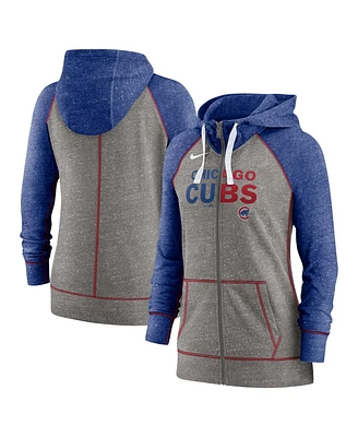 Women's Nike Heathered Charcoal and Heathered Royal Chicago Cubs Split Wordmark Gym Vintage-Like Raglan Slub Full-Zip Hoodie
