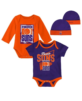 Infant Boys and Girls Mitchell & Ness Blue, Orange Phoenix Suns Hardwood Classics Bodysuits and Cuffed Knit Hat Set