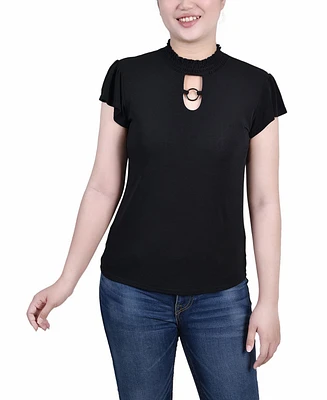 Petite Short Flutter Sleeve Mock Neck Top