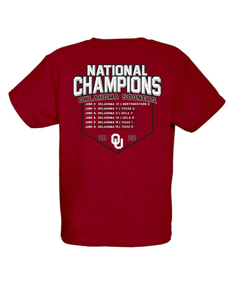 Big Boys Blue 84 Crimson Oklahoma Sooners 2022 Ncaa Softball Women's College World Series Champions Base Path Schedule T-shirt