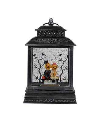 Lighted Black Halloween Snow Globe Lantern with Pumpkin Couple, 11.5"
