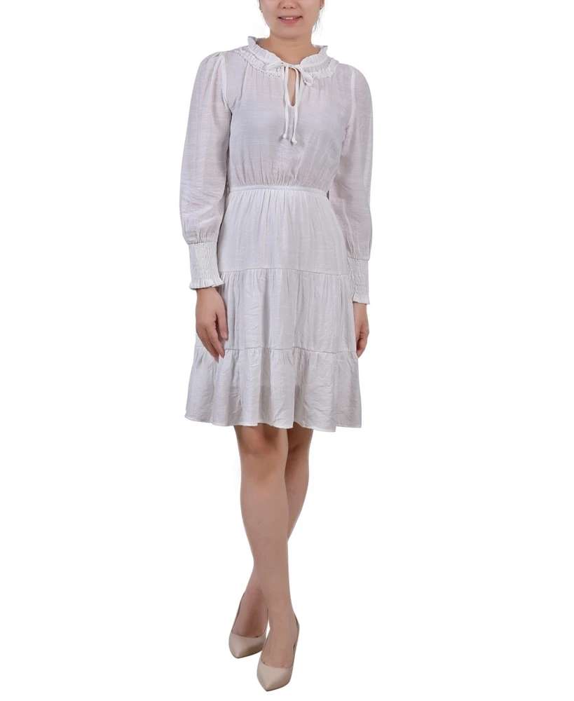 Ny Collection Petite Long Sleeve Tiered Dress with Ruffled Neck