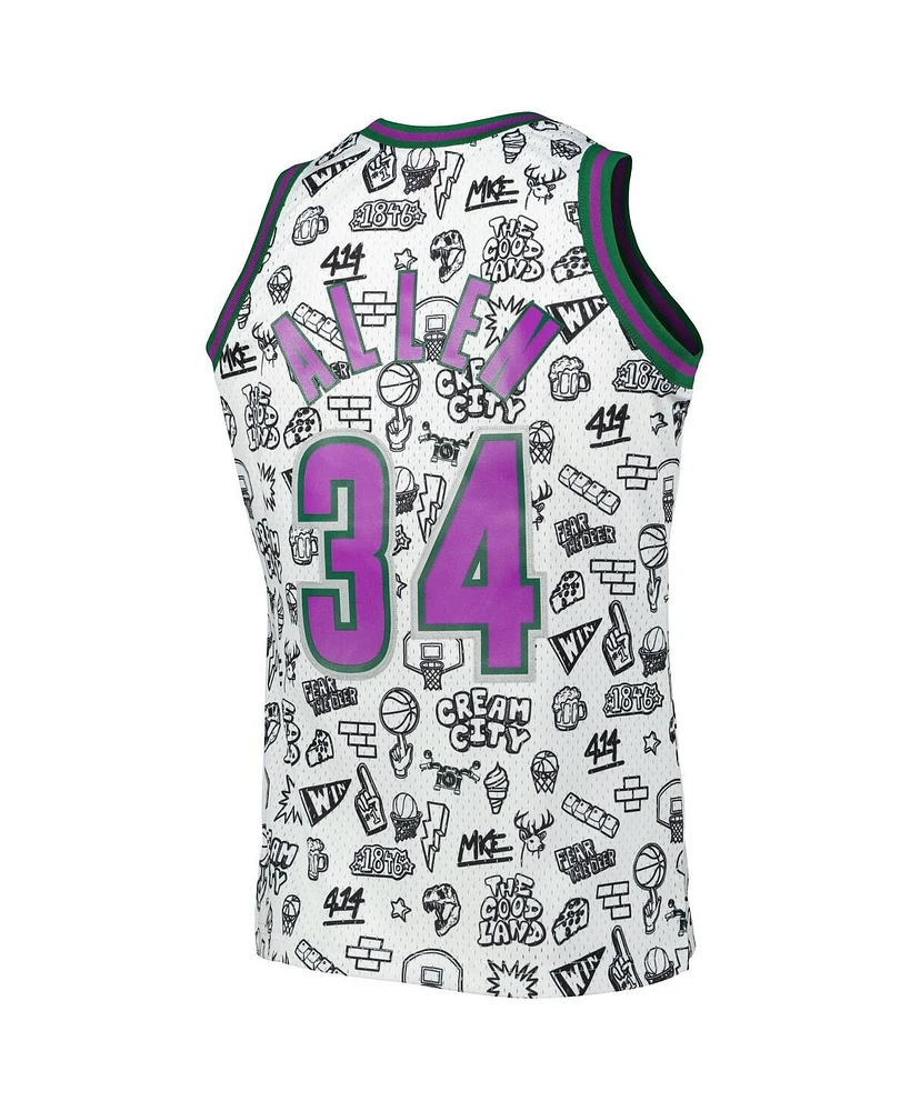 Men's Mitchell & Ness Ray Allen White Milwaukee Bucks 2000-01 Hardwood Classics Doodle Swingman Jersey