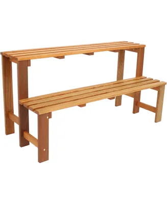 Outdoor Meranti Wood with Teak Oil Finish 2-Tiered Decorative Succulent Flower Plant Shelf Stand - 24" - Brown