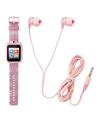 Playzoom Kid's Pink Glitter Silicone Strap Touchscreen Smart Watch 42mm with Earbuds Gift Set