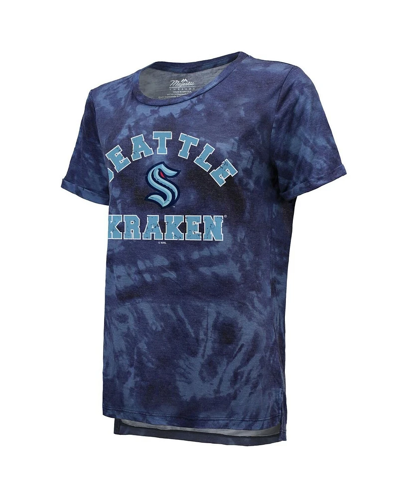 Women's Majestic Threads Deep Sea Blue Seattle Kraken Boyfriend Tie-Dye T-shirt