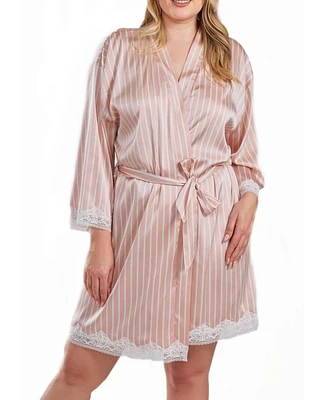 iCollection Brillow Plus Satin Striped Robe with Self Tie Sash and Trimmed Lace