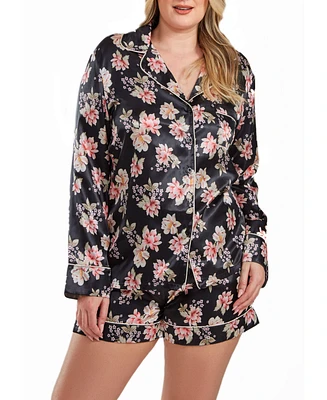 iCollection Cyrus Plus Size Floral Satin Pajama Short Set with Cuff Detail, 2 Piece