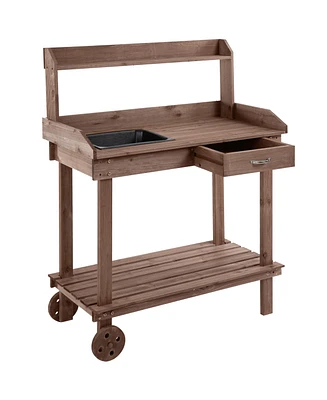 Wood Potting Bench Workstation Table w/ Storage Cabinet, Shelf Natural