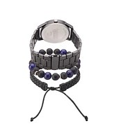 American Exchange Men's Quartz Movement Shiny Gunmetal Bracelet Analog Watch, 45mm with Stackable Bracelet Set and Zippered Travel Pouch