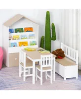 Qaba 4-Piece Kids Table Set with 2 Wooden Chairs, 1 Storage Bench