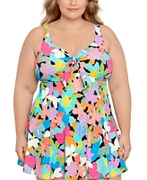 Swim Solutions Plus Tummy Control Bow-Front Printed Swimdress, Created for Macy's