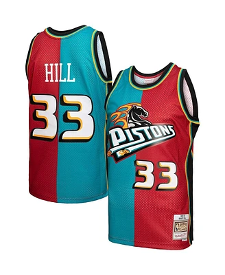 Men's Mitchell & Ness Grant Hill Teal, Red Detroit Pistons Hardwood Classics 1999-00 Split Swingman Jersey