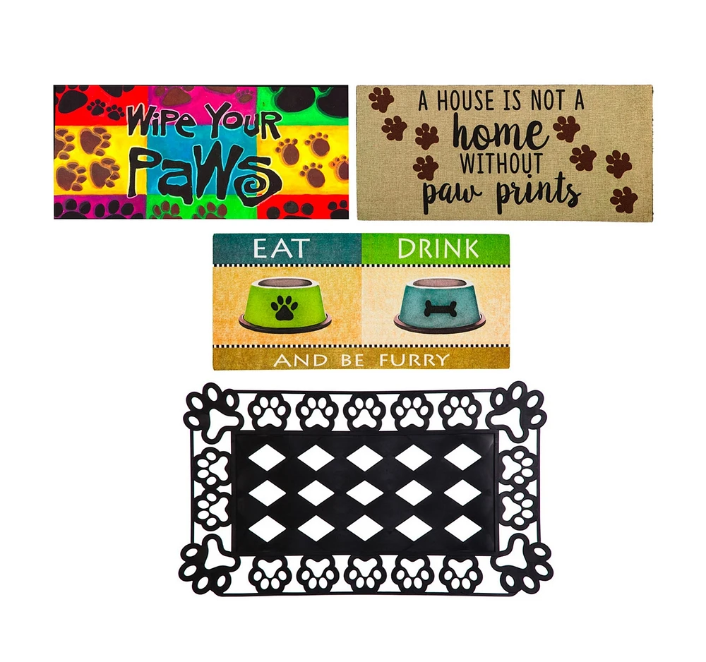 Evergreen Indoor Outdoor Doormat Bundle Set of 4 - Frame and 3 Welcome Paw Print Pet Inserts