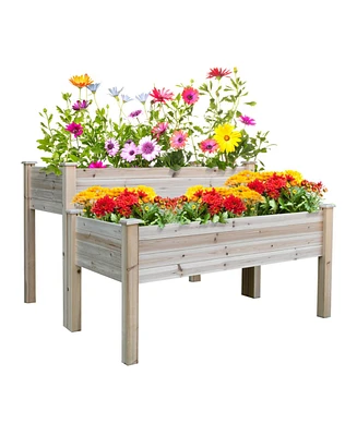 Outsunny 2 Tier Raised Garden Bed, Elevated Wooden Planter Box, Natural