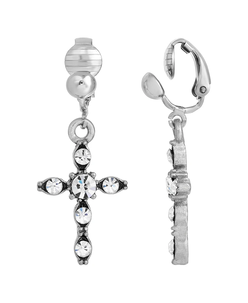 Symbols of Faith Silver-Tone Crystal Cross Drop Clip Earrings