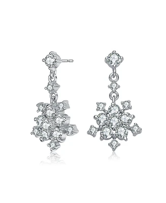 Sterling Silver with Rhodium Plated Clear Round Cubic Zirconia Cluster Flower Style Drop Earrings
