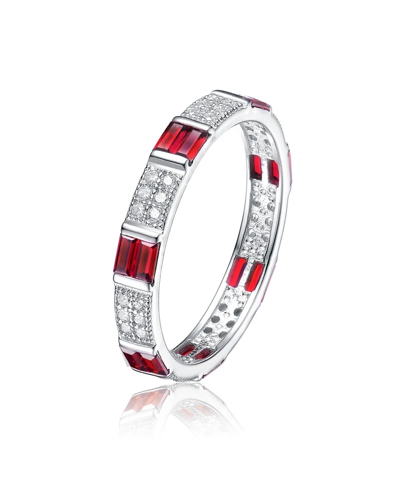 Sterling Silver White Gold Plated with Red Baguette & Round Cubic Zirconia Eternity Band Stacking Ring