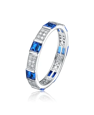 Sterling Silver White Gold Plated with Red Baguette & Round Cubic Zirconia Eternity Band Stacking Ring