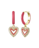 Kids/teens 14k Gold Plated with Cubic Zirconia & Magenta-Red Enamel Halo Heart Dangle Charm Hoop Earrings