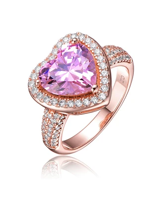Sterling Silver 18K Rose Plated Pink Cubic Zirconia Heart Modern Ring
