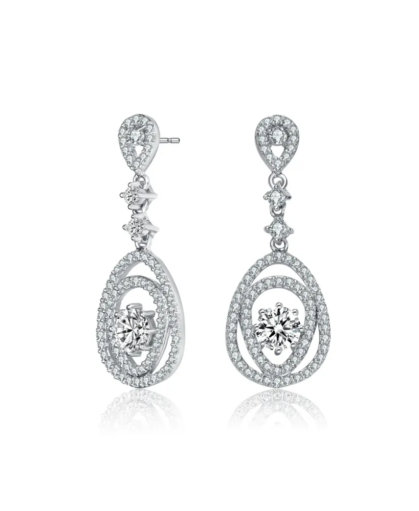 Sterling Silver with Rhodium Plated Clear Round Cubic Zirconia Double Pear Drop Earrings