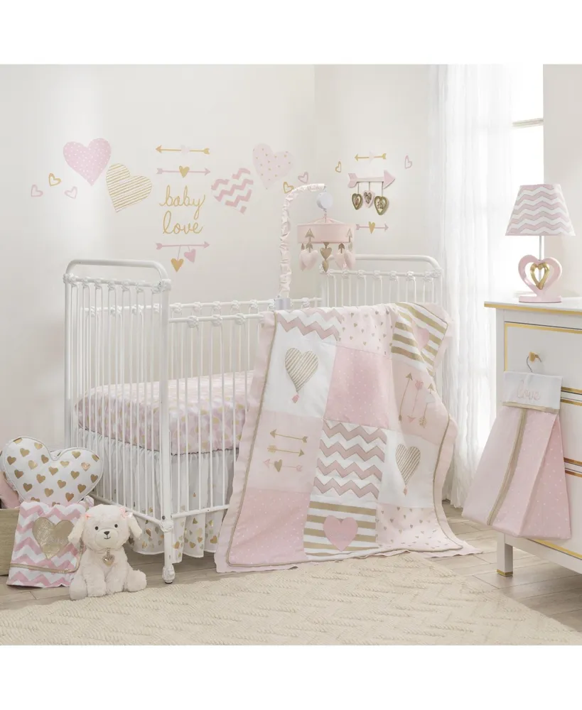 Lambs & Ivy Baby Love Metallic Gold/Pink/White Hearts, Stripes and Chevrons 4-Piece Nursery Crib Bedding Set