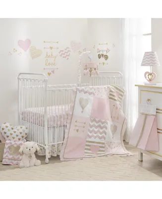 Lambs & Ivy Baby Love Metallic Gold/Pink/White Hearts, Stripes and Chevrons 4-Piece Nursery Crib Bedding Set