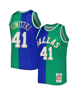 Men's Mitchell & Ness Dirk Nowitzki Blue, Green Dallas Mavericks Hardwood Classics 1998-2019 Split Swingman Jersey