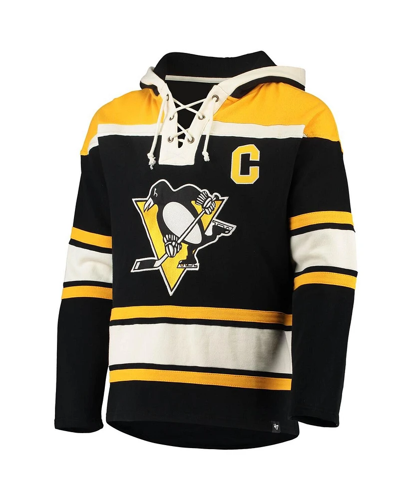 Men's '47 Brand Mario Lemieux Black Pittsburgh Penguins Retired Player Name and Number Lacer Pullover Hoodie