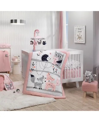 Lambs & Ivy Forever Friends White/Pink/Gray Woodland Fox/Owl 4-Piece Nursery Crib Baby Bedding Set