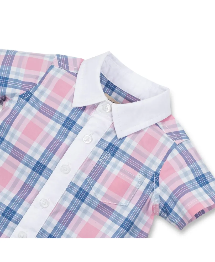 Hope & Henry Baby Boys Short Sleeve Organic Stretch Poplin Button Front Romper