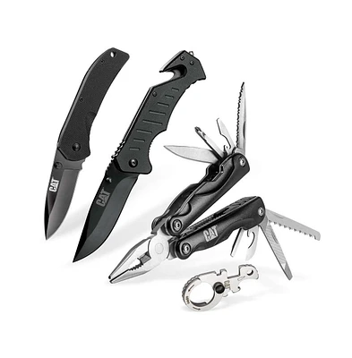 Cat 4 pc Multi-Tool and Folding Pocket Black Knife Set with Keychain Tool