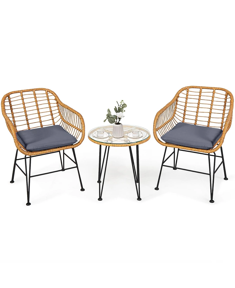 3PCS Patio Rattan Bistro Furniture Set Cushioned Chair Table