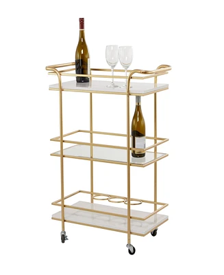 Rosemary Lane 27" x 13" x 33" Marble Rolling 1 Glass and 2 Marble Shelves with Handles Bar Cart