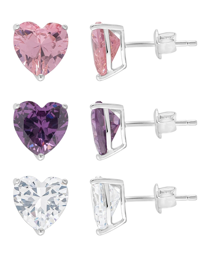 Macy's Silver Plated Brass Pink, Purple and White Cubic Zirconia Heart Stud Earrings Set